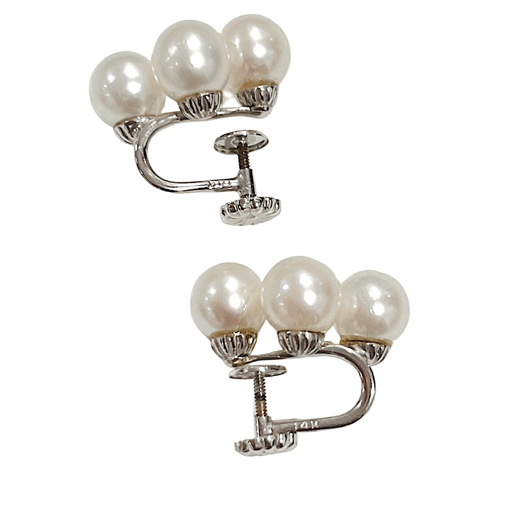 14K White Gold Vintage Pearl Screw Clip On Earrings - Picture 4 of 5